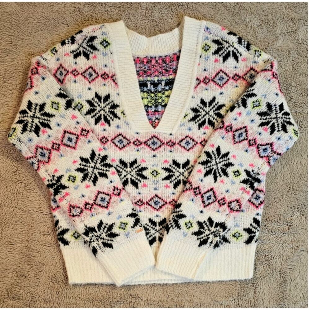 PINK Victoria’s Secret Fair Isle Snowflake V-Neck Sweater Cream Pink Sz XS